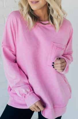 Washed Cotton Loose-fitting Casual Round-neck Sweater T-shirt For Women