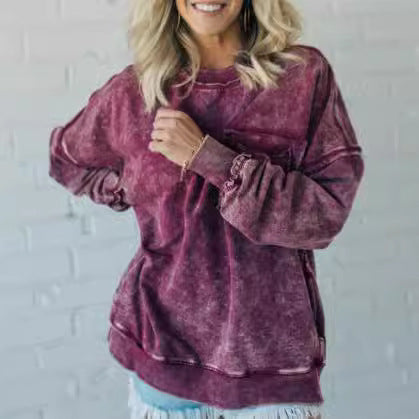 Washed Cotton Loose-fitting Casual Round-neck Sweater T-shirt For Women