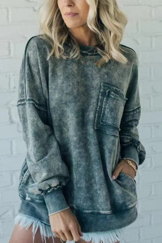 Washed Cotton Loose-fitting Casual Round-neck Sweater T-shirt For Women