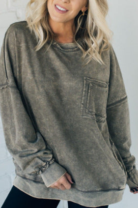 Washed Cotton Loose-fitting Casual Round-neck Sweater T-shirt For Women