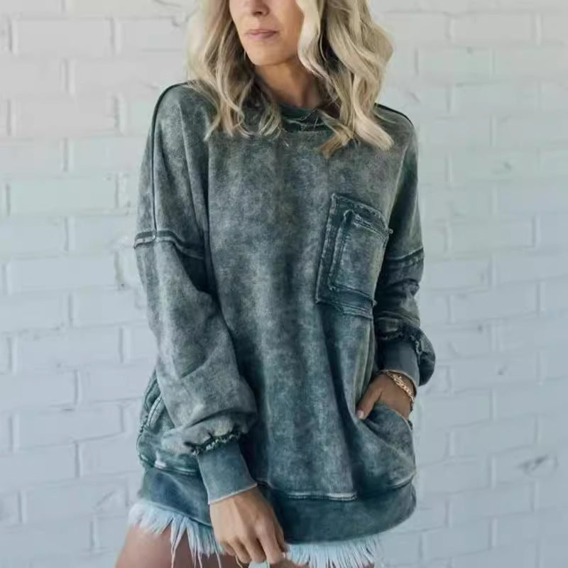 Washed Cotton Loose-fitting Casual Round-neck Sweater T-shirt For Women