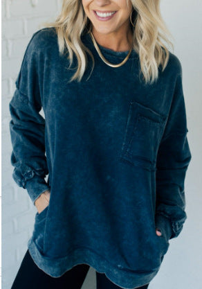 Washed Cotton Loose-fitting Casual Round-neck Sweater T-shirt For Women