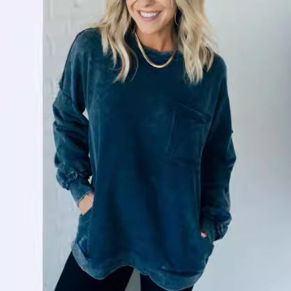 Washed Cotton Loose-fitting Casual Round-neck Sweater T-shirt For Women