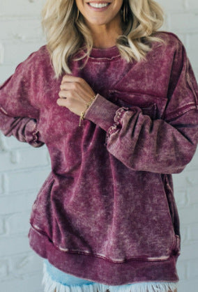 Washed Cotton Loose-fitting Casual Round-neck Sweater T-shirt For Women