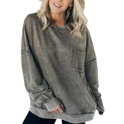 Washed Cotton Loose-fitting Casual Round-neck Sweater T-shirt For Women