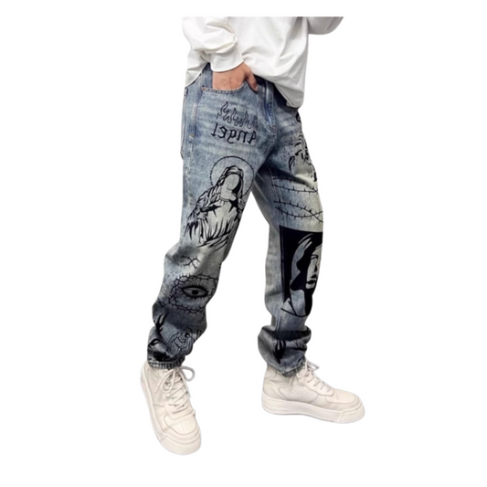 Retro Blue Skinny Jeans High Street Graffiti Printing Loose